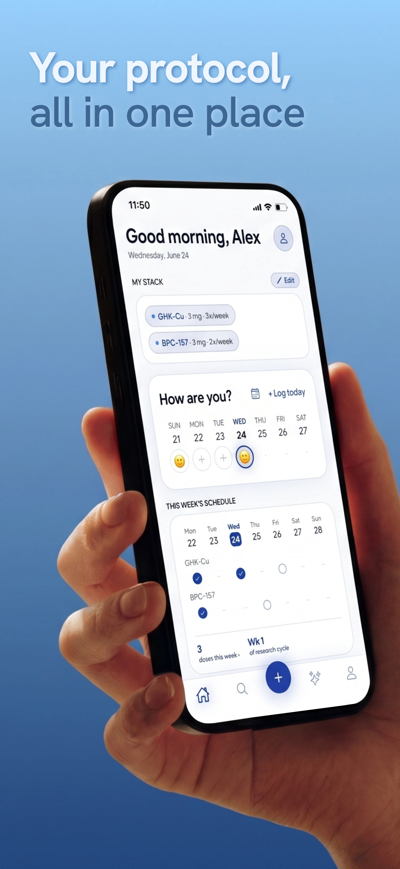 App Store marketing frame for Protokol: a hand holding an iPhone on the home screen, showing the day's dose schedule, a check-in prompt, and the week strip.