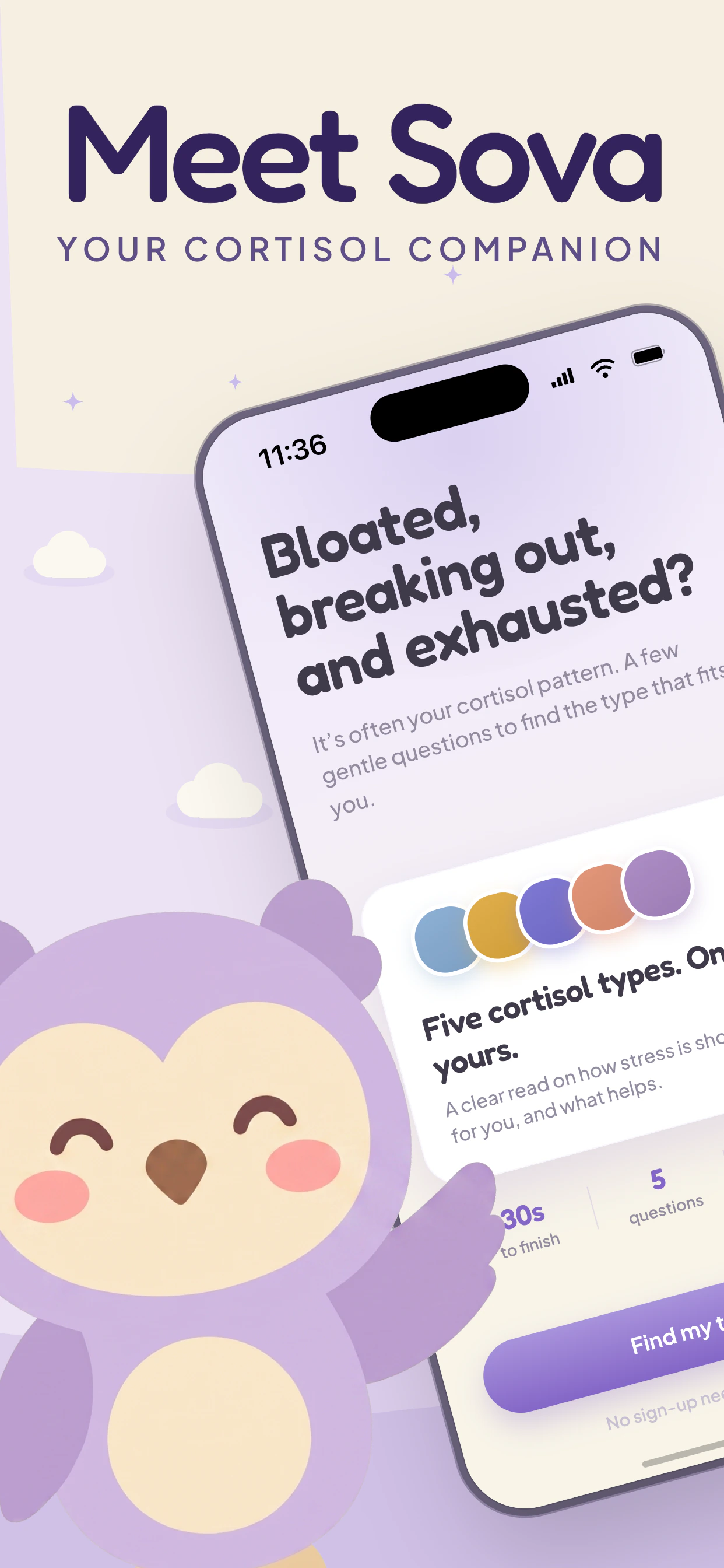 App Store marketing frame for Sova: a tilted iPhone running the five-question cortisol type quiz next to the app's purple owl mascot.